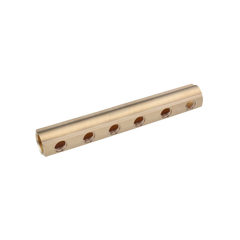 фотографія Коллектор балка Karro 1 "x1/2" на 6 выходов, латунный предназначен для использования в трубопроводах холодного и горячего водоснабжения, в системах отопления, сжатого воздуха, а также на технологических трубопроводах, транспортирующих жидкости, неагрессив