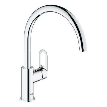 фотографія Смеситель однорычажный для кухонной мойки Grohe BauLoop (31368000). Его простой и одновременно стильный дизайн отлично подойдет для современных кухонь. Сам смеситель изготовлен из высококачественных материалов (очищенная от вредного для здоровья свинца ла