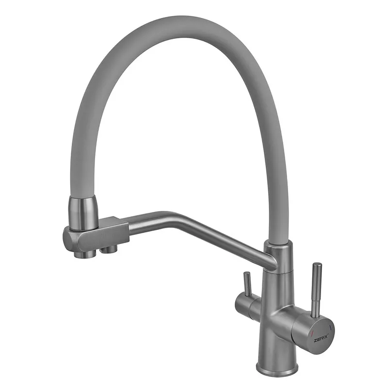 фото Змішувач для кухні ZERIX FUL-021 GRAPHITE REFL.GRAY з силіконовим виливом, з нерж.сталі SUS304 з виходом для питної води (колір графіт, вилив сірий) (ZX6000)