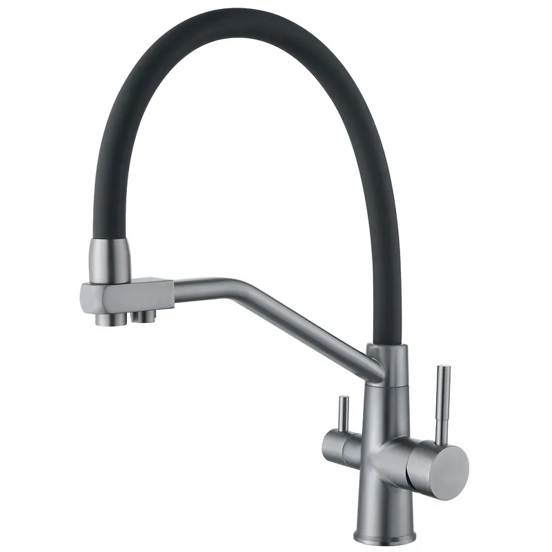 фото Змішувач для кухні з силіконовим виливом Zerix FUL-021 Graphite Refl.Black з нерж. сталі SUS304 з виходом для пит.води (ZX5999)