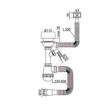 фото Сифон для кухні MIXXUS SK-05-BL 3 1/2"x40 з пластиковою чорною сіткою, відводом для пральної машини, гнучким прямокутним переливом (MI8192)
