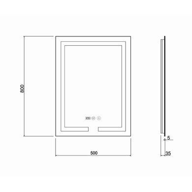 фотографія Дзеркало Qtap Mideya (DC-F936) 500х800 з LED-підсвічуванням Touch, з антизапотіванням, з годинником, димером, рег. яскравості QT2078F936W