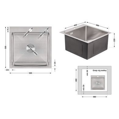 фотографія Мийка для кухні інтегрована Lidz Handmade H5050 (LDH5050BRU35375) Brushed Steel 3,0/1,0 мм