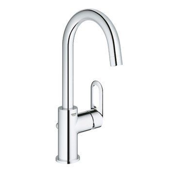 фотографія Смеситель однорычажный для раковины Grohe BauLoop L-Size 23763000 изготовлен из высококачественной пищевой латуни, устойчивой к воздействию коррозии, ударов и трещин. Глянцевое хромированное покрытие не только повышает долговечность смесителя, но и придае