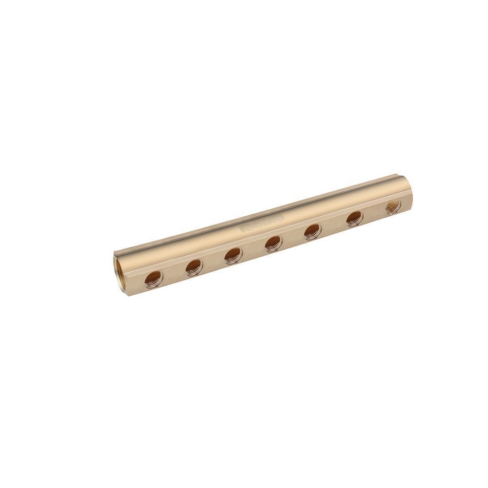 фотографія Коллектор балка Karro 1 "x1/2" на 7 выходов, латунный предназначен для использования в трубопроводах холодного и горячего водоснабжения, в системах отопления, сжатого воздуха, а также на технологических трубопроводах, транспортирующих жидкости, неагрессив