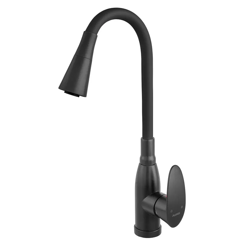 фото Змішувач для кухні PLAMIX CEZAR-011-B SET MATTE BLACK REFL.BLACK з силіконовим виливом, з підведенням (PM0719)