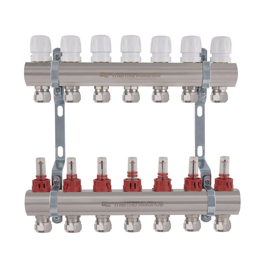 фото Коллектор латунный с расходомерами и евроконусами Thermo Alliance Standart 1" на 7 выходов TAS235W7E