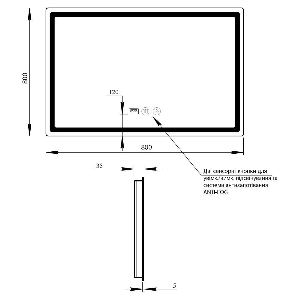 фото Зеркало Qtap Mideya 800x800 с LED-подсветкой Touch, с антизапотеванием, с часами, диммером, рег. яркости QT2078NCF8080W