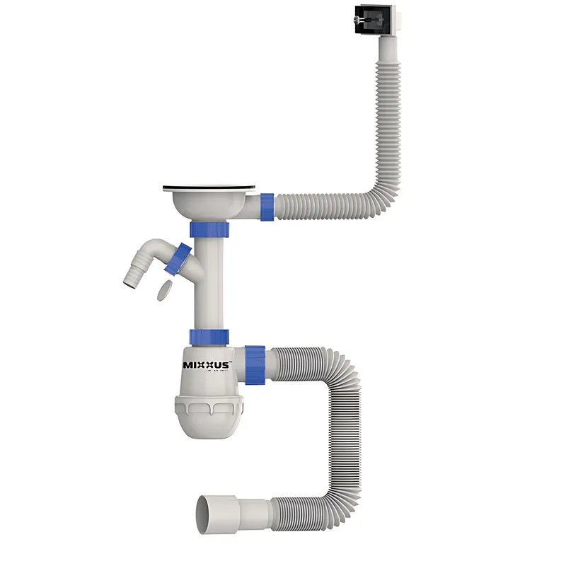 фото Сифон для кухні MIXXUS SK-02-B 3 1/2"x40 з нержавіючою сіткою, відводом для пральної машини, гнучким прямокутним переливом (MI8195)