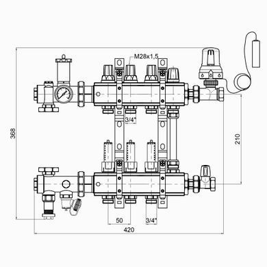 фото Коллекторная группа Icma 3/4" 3 выхода, с расходомером №A2K013