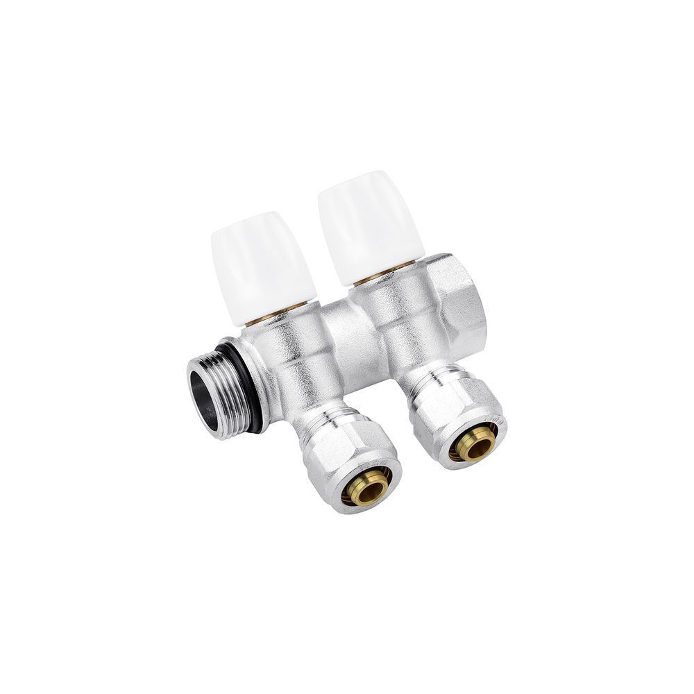 фотографія Коллектор Karro "Super" 3/4 "x16 с перекрытием на 2 выхода KR-17021 применяется для распределения потоков жидкостей в контурах теплого пола, радиаторного отопления, холодного и горячего водоснабжения. Коллекторы предназначены для распределения потока тран