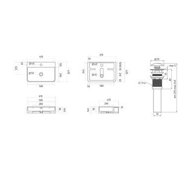 фото Комплект Qtap Nando LT: Раковина подвесная прямоугольная 610х420х140 мм White + Донный клапан PU02O