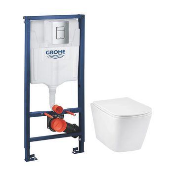 фотографія Комплект 4 в 1: Инсталляция Grohe Rapid SL 38772001 + унитаз подвесной безобедочный Kroner Eifel WHI493436 TORNADO с сиденьемЭтот набор сочетает надежность, современные технологии и комфорт, что делает его идеальным решением для вашей ванной комнаты.