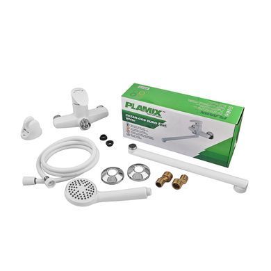 фото Змішувач для ванни PLAMIX CEZAR-006 EURO SET WHITE (з шлангом, лійкою та кронштейном) (Колір білий) (PM0666)