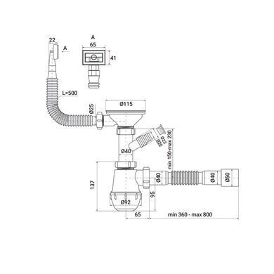 фото Сифон для кухні Zerix SK-02-B 3 1/2"x40 з різьб. випуском та відведенням для пральної машини (ZX4953)