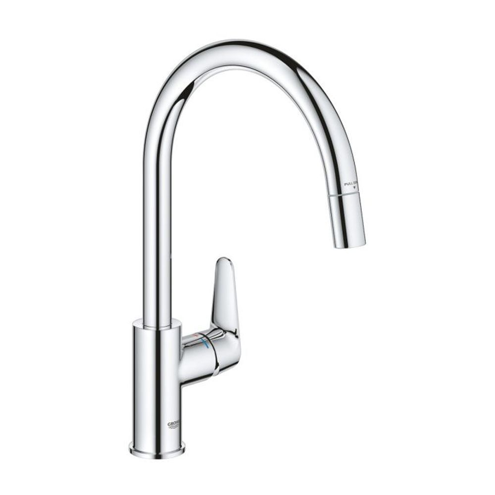 фотографія Змішувач для кухні з висувним виливом Grohe StartCurve 30562000 &mdash; це сучасне рішення для кухні, яке поєднує ергономічний дизайн та передові технології Grohe. Високий вилив з обертанням на 360&deg; забезпечує зручність при митті посуду та наповненні великої та