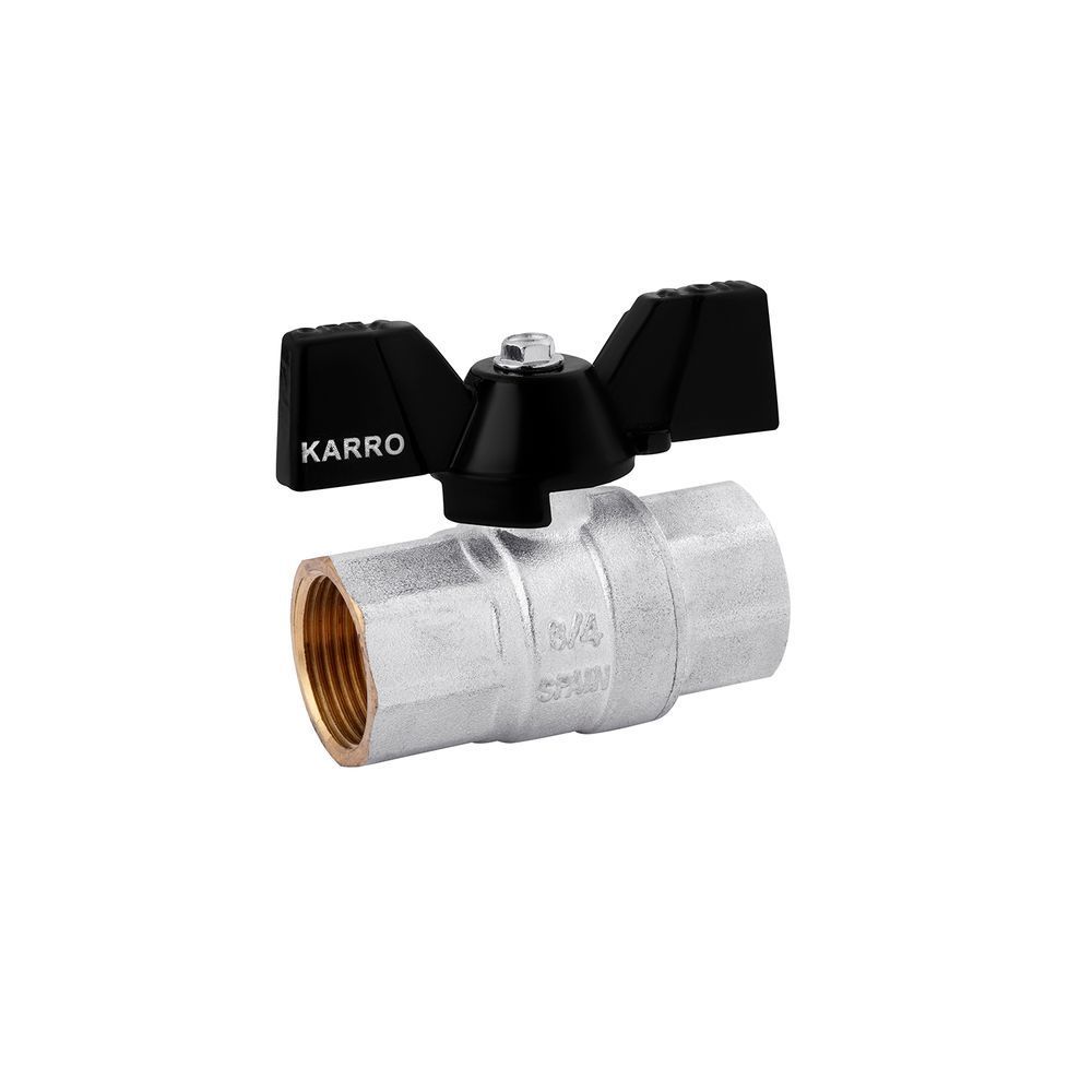 фотографія Кран шаровой Karro "Premium" 3/4" ВВ PN40 бабочка применяют в системах холодного и горячего водоснабжения. Так же его можно присоединять к трубам подачи сжатого воздуха и жидких углеводов. Устройство способно работать как при минусовых, так и плюсовых тем