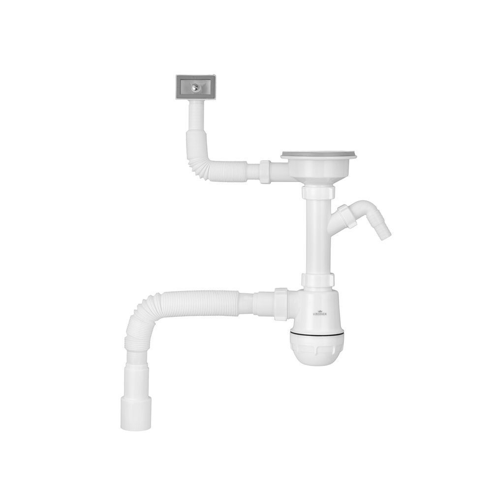фото Сифон для кухонной мойки Kroner KRP KS02-1WHI 3 1/2"х40/50 мм с отводом для стиральной машины, с квадратным переливом