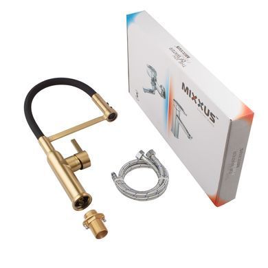 фото Змішувач для кухні MIXXUS PREMIUM PULL 017 BRUSHED GOLD REFL.BLACK (Колір матове золото+силік. вилив чорний) (MI8280)