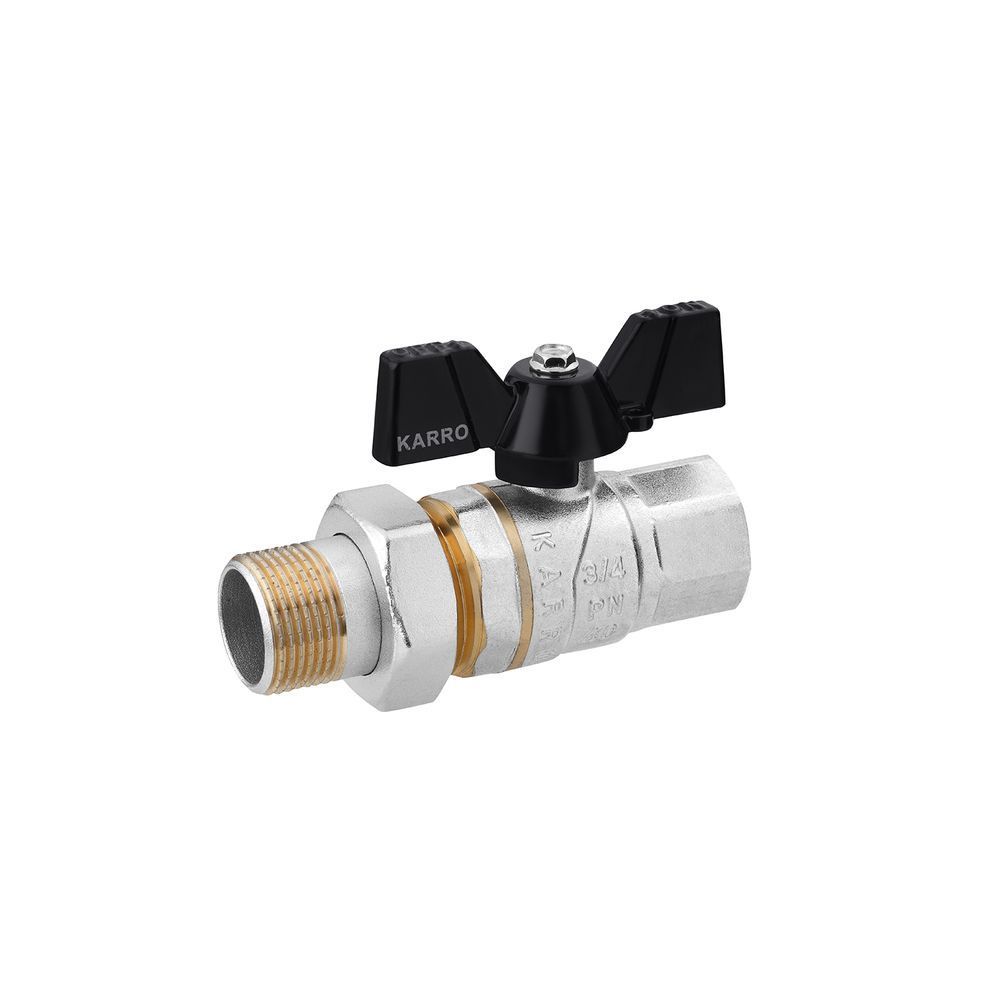 фотографія Кран-американка шаровой прямой Karro "Premium" 3/4" ВН PN40 имеет корпус, шток и шар из высококачественной латуни марки CW617N. Он выдерживает большой диапазон температур и отличается высокой стойкостью к коррозии. При этом он ремонтопригоден, что резко у