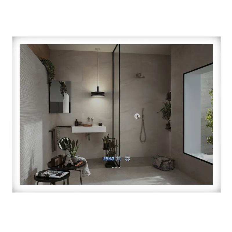 фото Дзеркало MIXXUS FLAT MR04-100x60 з LED Touch, Anti-fog, димером, рег. яскравості, годинником (MI6008)
