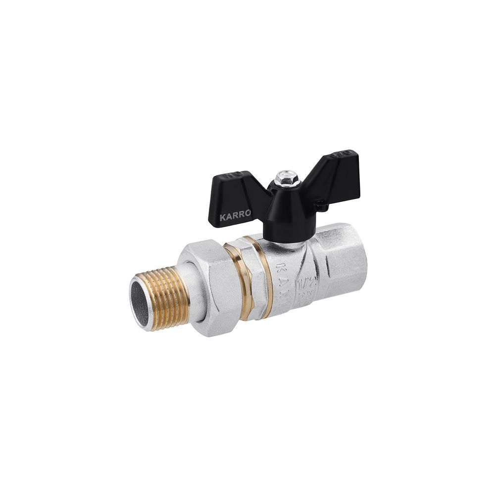 фотографія Кран-американка шаровой прямой Karro "Premium" 1/2" ВН PN40 имеет корпус, шток и шар из высококачественной латуни марки CW617N. Он выдерживает большой диапазон температур и отличается высокой стойкостью к коррозии. При этом он ремонтопригоден, что резко у