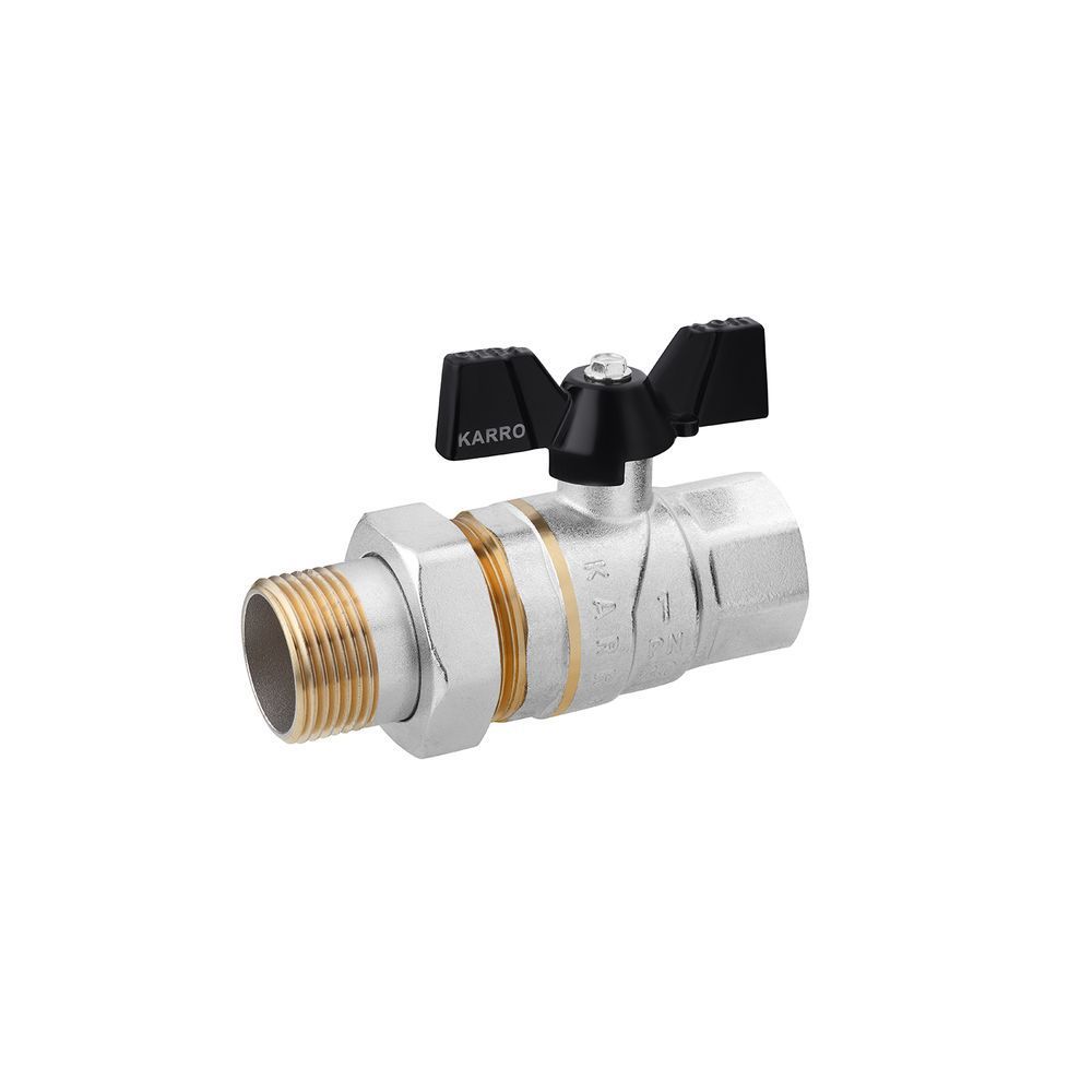 фотографія Кран-американка шаровой прямой Karro "Premium" 1" ВН PN40 имеет корпус, шток и шар из высококачественной латуни марки CW617N. Он выдерживает большой диапазон температур и отличается высокой стойкостью к коррозии. При этом он ремонтопригоден, что резко уве