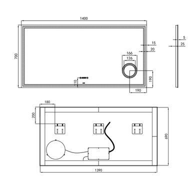 фотографія Дзеркало Qtap Stork 1400х700 з LED-підсвічуванням Touch, лінза, цифровий годинник, димер, рег. яскравості QT1578142270140W