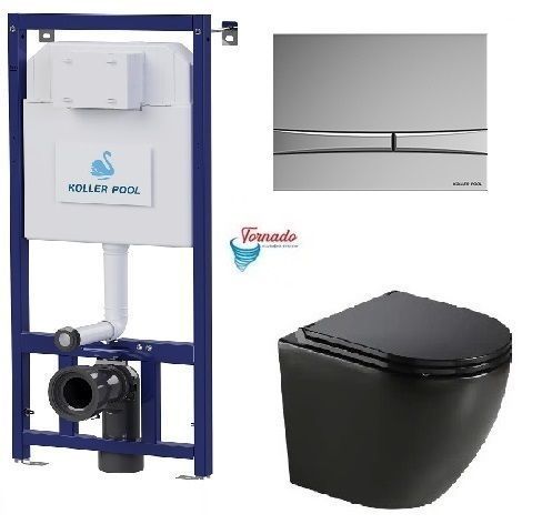 фото Інсталяція Koller Pool Dune 1200SL + Integro Cosmo Chrome панель змиву + підвісний унітаз ROUND Black matt з сидінням Soft-close (змив Торнадо)
