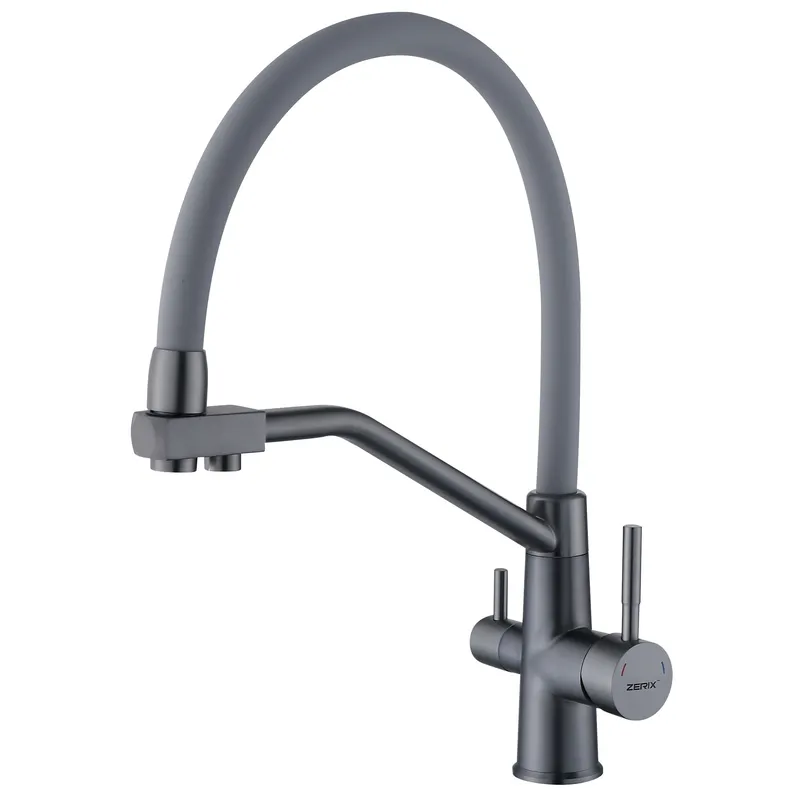 фото Змішувач для кухні з силіконовим виливом Zerix FUL-021 Graphite Refl.Gray з нерж. сталі SUS304 з виходом для пит.води (ZX6000)