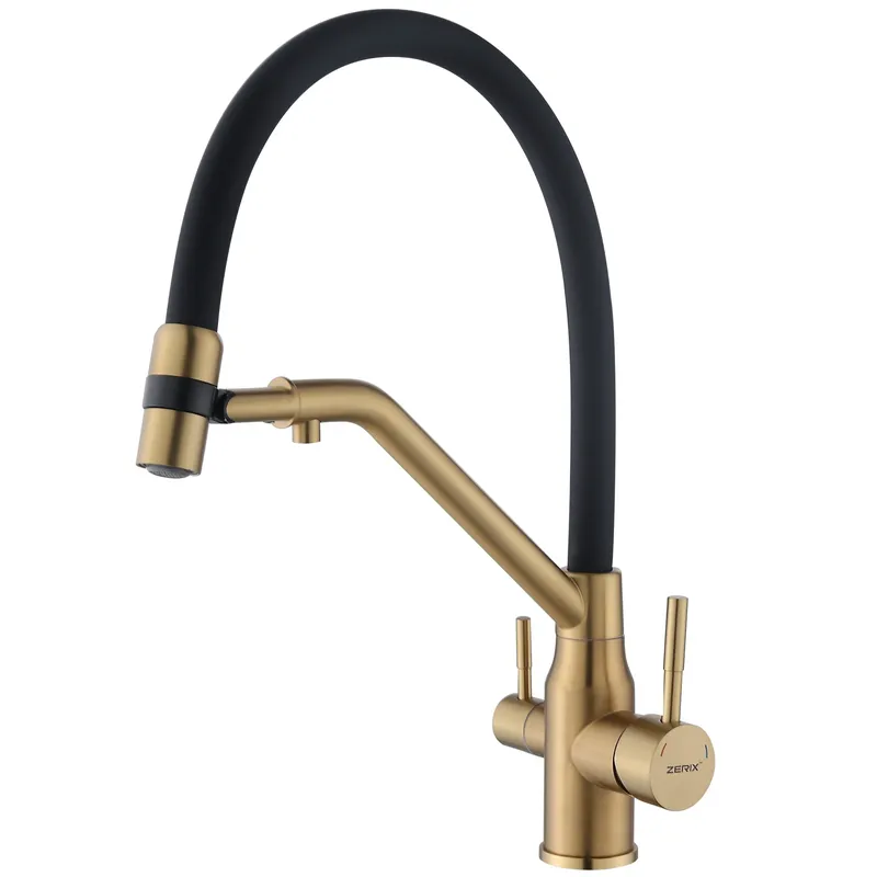 фото Змішувач для кухні з силіконовим виливом Zerix MAG-021 Brushed Gold Refl.Black з нерж. сталі SUS304 з виходом для пит.води (ZX6007)