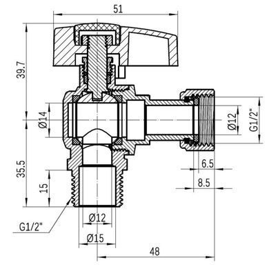 фото Кран шаровой Thermo Alliance Standart 1/2"ВН угловой, PN40, с накидной гайкой TAS224W15