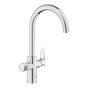 фотографія Смеситель для кухни Grohe StartCurve 30592000 &ndash; это однорычажный смеситель для мойки, который обладает функцией очистки водопроводной воды. Данный смеситель предназначен для монтажа на одно отверстие, что делает его установку простой и удобной. C-образный