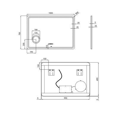 фото Зеркало Qtap Crow 1000х700 с LED-подсветкой Touch, линза, цифровые часы, диммер, рег. яркости QT0578141670100W