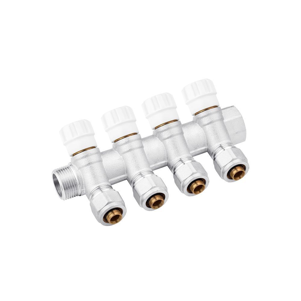 фотографія Коллектор Karro 3/4 "x16 с перекрытием на 4 выхода KR-17020 применяется для распределения потоков жидкостей в контурах теплого пола, радиаторного отопления, холодного и горячего водоснабжения. Коллекторы предназначены для распределения потока транспортиру