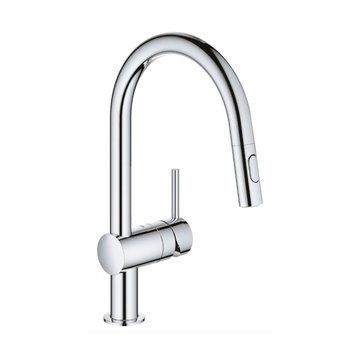 фотографія Смеситель для кухни с выдвижным изливом Grohe Minta 32321002 изготовлен из высококачественной латуни. Благодаря выдвижной форме излива и переключателю с ламинарным и душевым режимом струи, можно с легкостью промывать фрукты, овощи, очищать посуду, набират