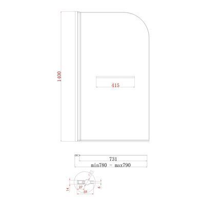 фото Шторки скляні на ванну розпашні KOER SR BS02-80x140-TR-07 прозоре скло 6мм графіт (KR5941)