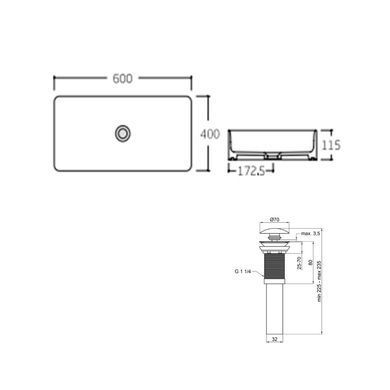 фото Комплект Qtap Tern: Раковина накладная прямоугольная 600x405x110 мм WHITE + Донный клапан PU02