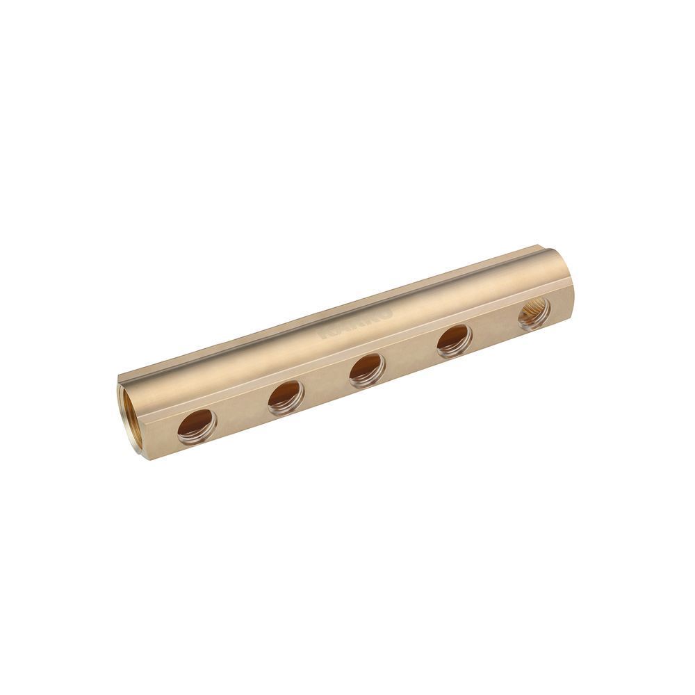 фотографія Коллектор балка Karro 1 "x1/2" на 5 выходов, латунный предназначен для использования в трубопроводах холодного и горячего водоснабжения, в системах отопления, сжатого воздуха, а также на технологических трубопроводах, транспортирующих жидкости, неагрессив
