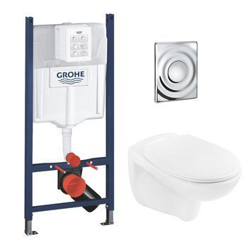 фотографія Комплект унитаз с установкой 4 в 1 Grohe Solido Surf UA38971574AСодержит: Grohe Solido Комплект 2-в-1 для унитаза (38971000), Grohe Surf Клавиша смыва (38574000), унитаз A534UF Rimless. Подвесной унитаз A534UF сочетает в себе современный стиль, удобст