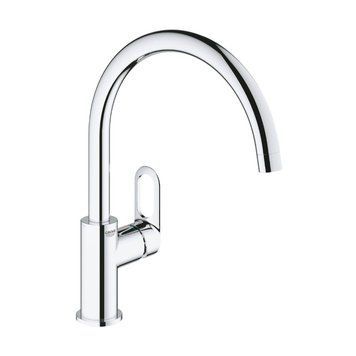 фотографія Смеситель для кухни Grohe Start Flow 31555001 изготовлен из высококачественной латуни, не подверженной коррозии, устойчив к ударам и появлению трещин. Глянцевое хромированное покрытие увеличивает долговечность смесителя. Смеситель имеет рычажное управлени
