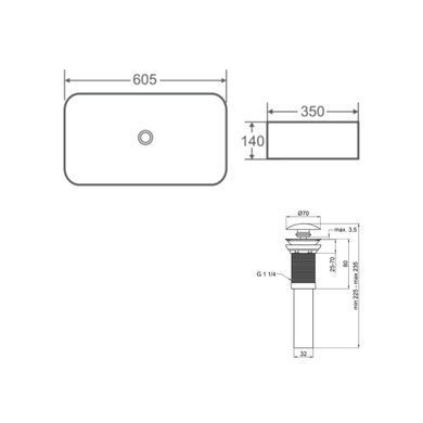 фото Комплект Qtap Tern: Раковина накладная прямоугольная 605x350x140 мм WHITE + Донный клапан PU02