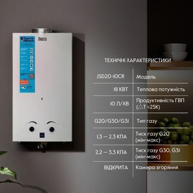 фотографія Колонка газова димохідна Thermo Alliance JSD20-10CR 10 л White