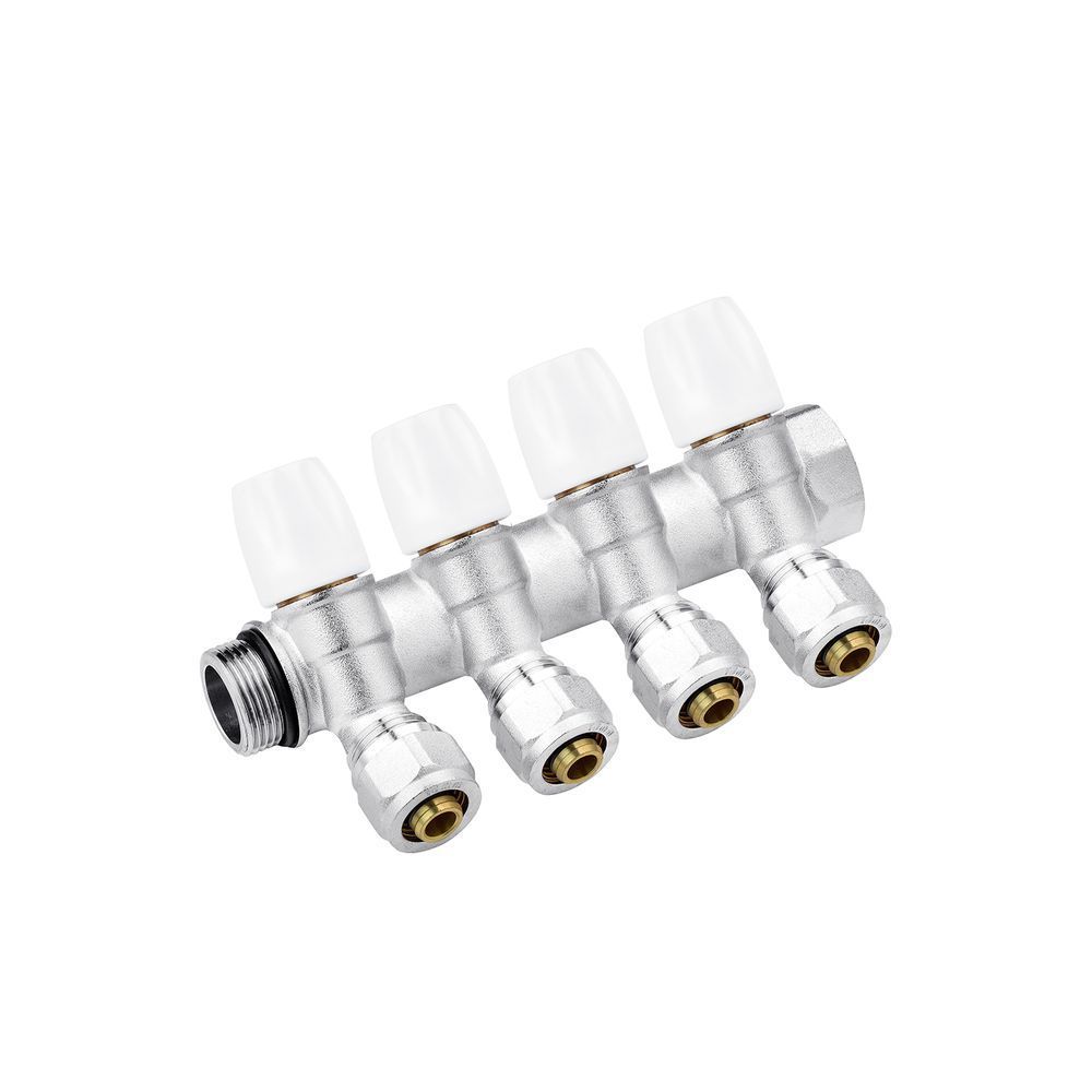 фотографія Коллектор Karro "Super" 3/4 "x16 с перекрытием на 4 выхода KR-17021 применяется для распределения потоков жидкостей в контурах теплого пола, радиаторного отопления, холодного и горячего водоснабжения. Коллекторы предназначены для распределения потока тран