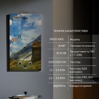 фотографія Колонка газова димохідна Thermo Alliance JSD20-10GC 10 л панель скляна з малюнком гори