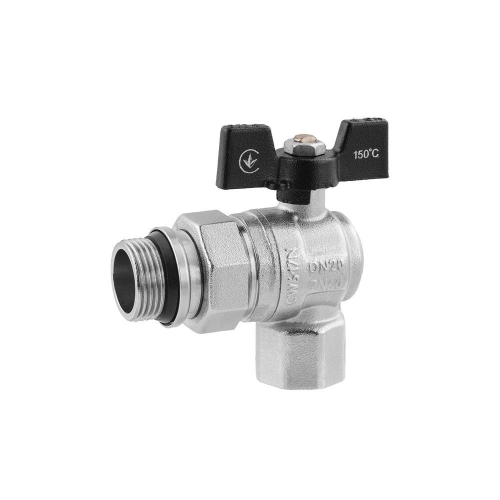 фотографія Кран-американка шаровой угловой Kroner 3/4" ВН PN40 бабочка, никелированный &mdash; высококачественный кран, предназначенный для систем водоснабжения, отопления и охлаждения. Благодаря своим техническим характеристикам, он подходит как для бытового, так и промы