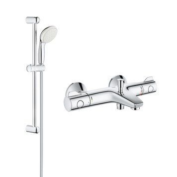 фотографія Смеситель для ванной Grohe Grohtherm 800 34567000 с душевым гарнитуром 27853001 (34567001) представляет собой инновационное решение, которое обеспечивает комфорт и безопасность во время принятия душа или ванны. Он оснащен передовой технологией Grohe Turbo