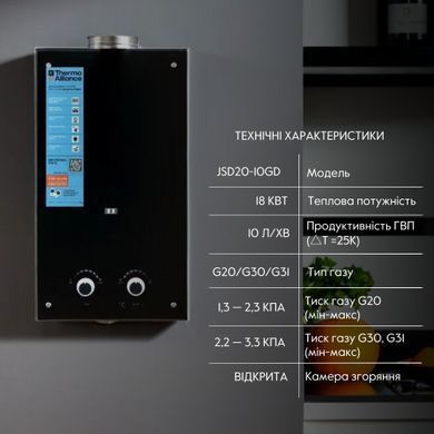 фотографія Колонка газова димохідна Thermo Alliance JSD20-10GD 10 л панель скляна Black