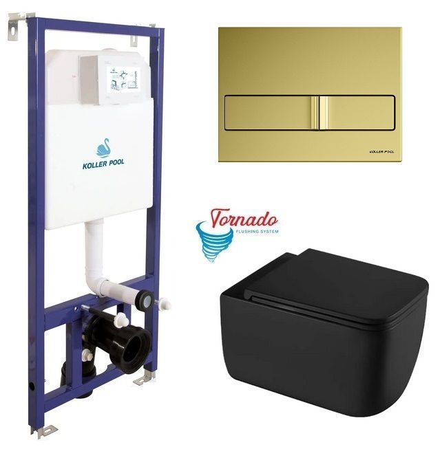 фото Інсталяція Koller Pool Dune 1200SL + Neon Gold панель змиву + підвісний унітаз KVADRO START Black matt з сидінням Soft-close (змив Торнадо)